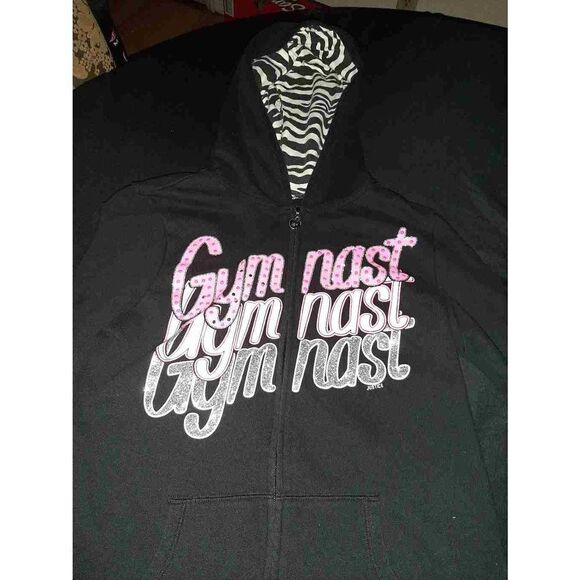Girls Size 16 Justice Gymnast Full Zip Hoodie Pink Black Sequins Embellished - Picture 2 of 2